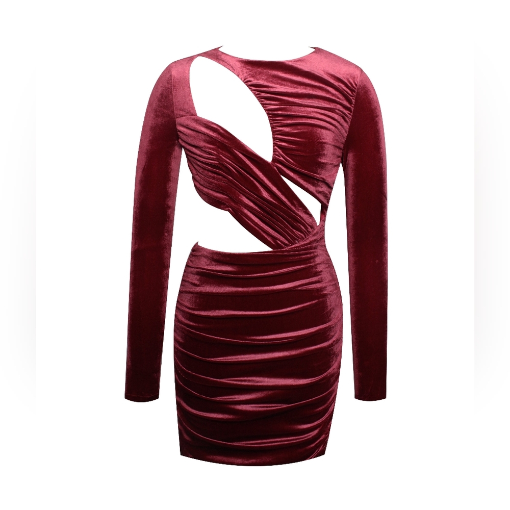 💋Nerina Burgundy Velvet Cutout Long Sleeve Dress 💋 - Picture 12 of 16